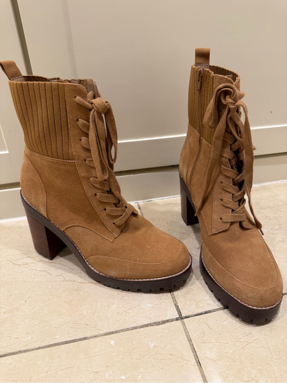 Lace-Up Suede Block Heel Ankle Boots - Tan